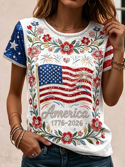 Cardydony Women's Vintage Independence Day Anniversary Flag And Floral Art Print T-shirt