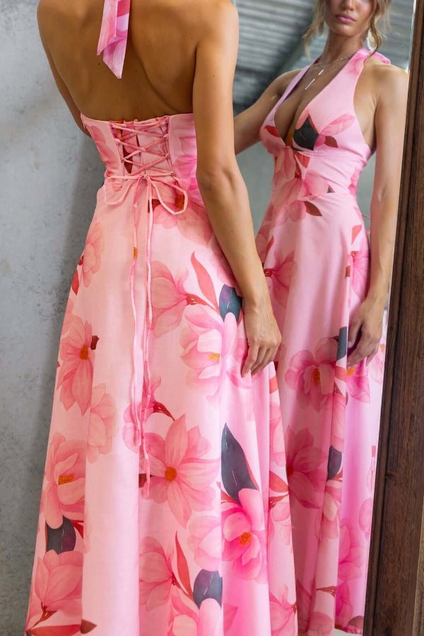 Cardydony Women's Floral Print V-neck Backless Tie-up Fitted Waist Elegant Maxi Dress
