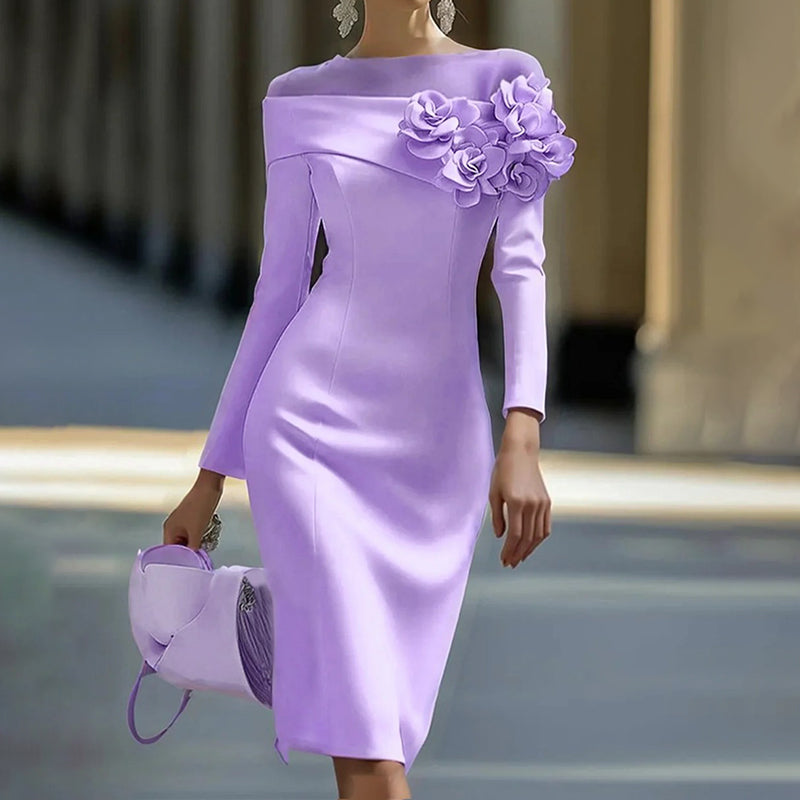 Cardydony Elegant Round Neck Three Dimensional Flower Decorated Midi Dress