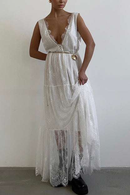 Cardydony Women's Fashionable Sheer Lace V-neck Backless Elegant Maxi Dress