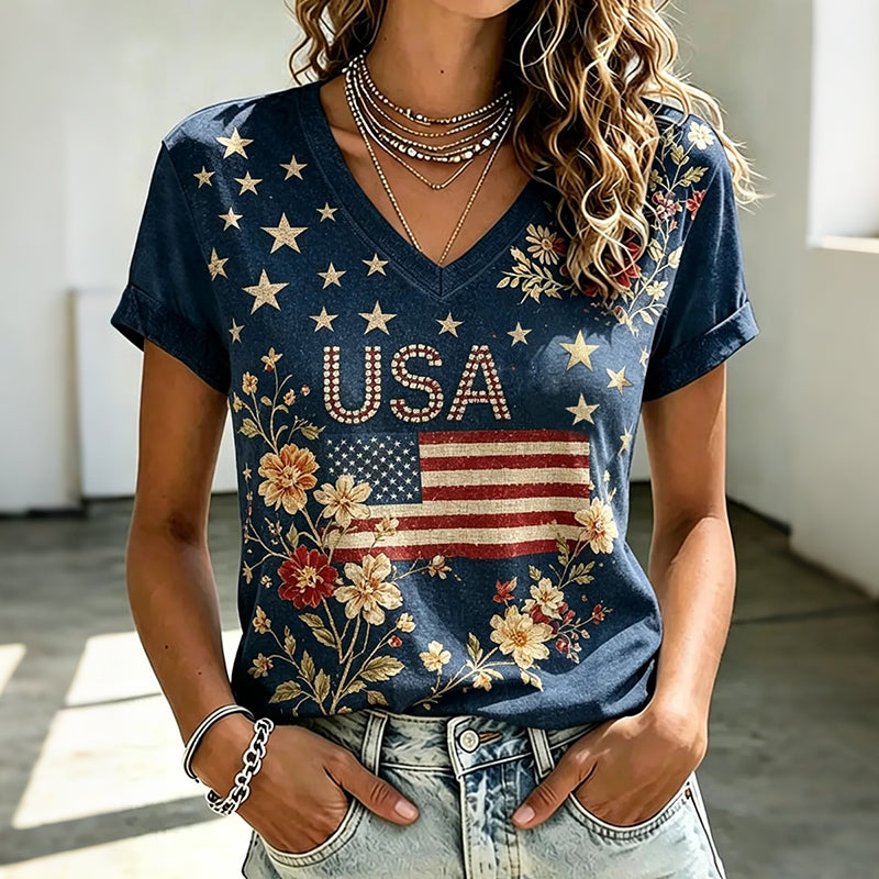 Cardydony Women's Anniversary Independence Day Printed V Neck Casual Tops
