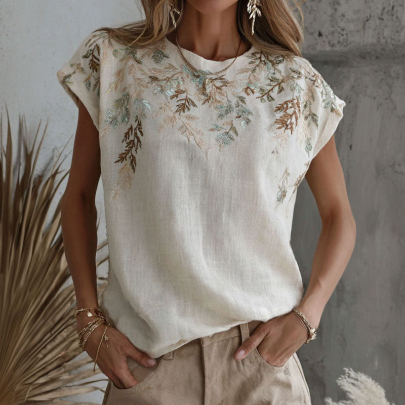 Cardydony Women's Retro Floral Branch Art Print Linen Blend Crew Neck T-shirt