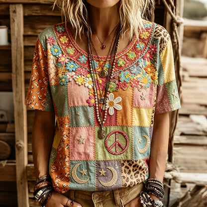 Cardydony Women's Vintage Hippie Floral In Patchwork Pattern Art Embroidered Round Neck Tshirt
