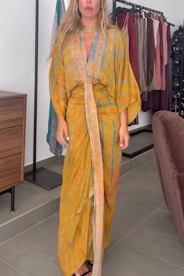 Cardydony Women's Unique Printed V-neck High-waisted Loose-fitting Holiday Maxi Dress