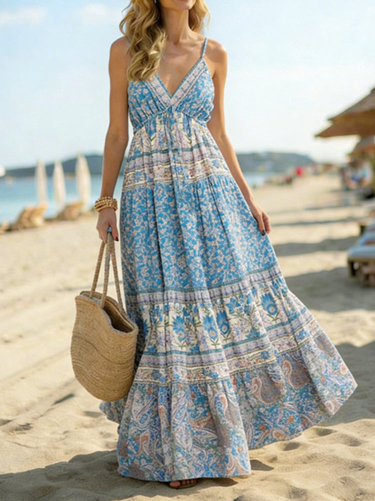 Cardydony Boho Paisley Patchwork Patterns Maxi Suspender Dress