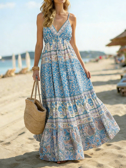 Cardydony Boho Paisley Patchwork Patterns Maxi Suspender Dress