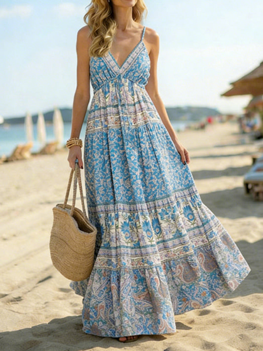 Cardydony Boho Paisley Patchwork Patterns Maxi Suspender Dress