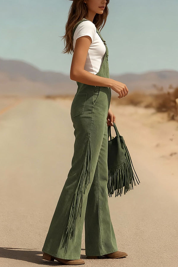 Cardydony Women's Stylish Suede Tassel Button Pocket Casual Wide-leg Overalls