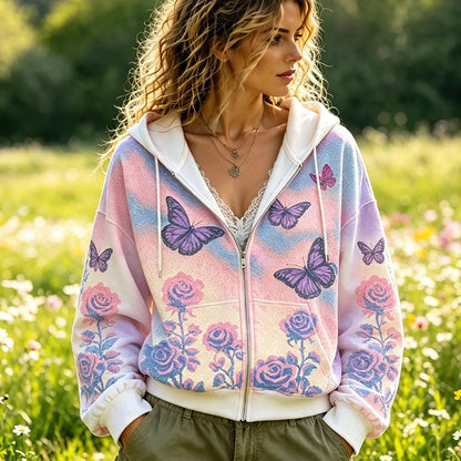 Cardydony Women's Full-zip Hoodie With Tie-dye Gradient, Purple Butterflies, And Roses Print