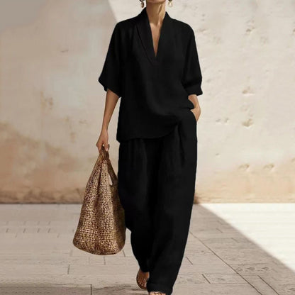 Cardydony Women's Casual Cozy Minimalist Linen Two-piece Set