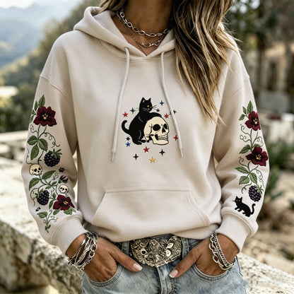 Cardydony Women's Witchy Patriotic Black Cat Skull Floral Graphic Print Hoodie