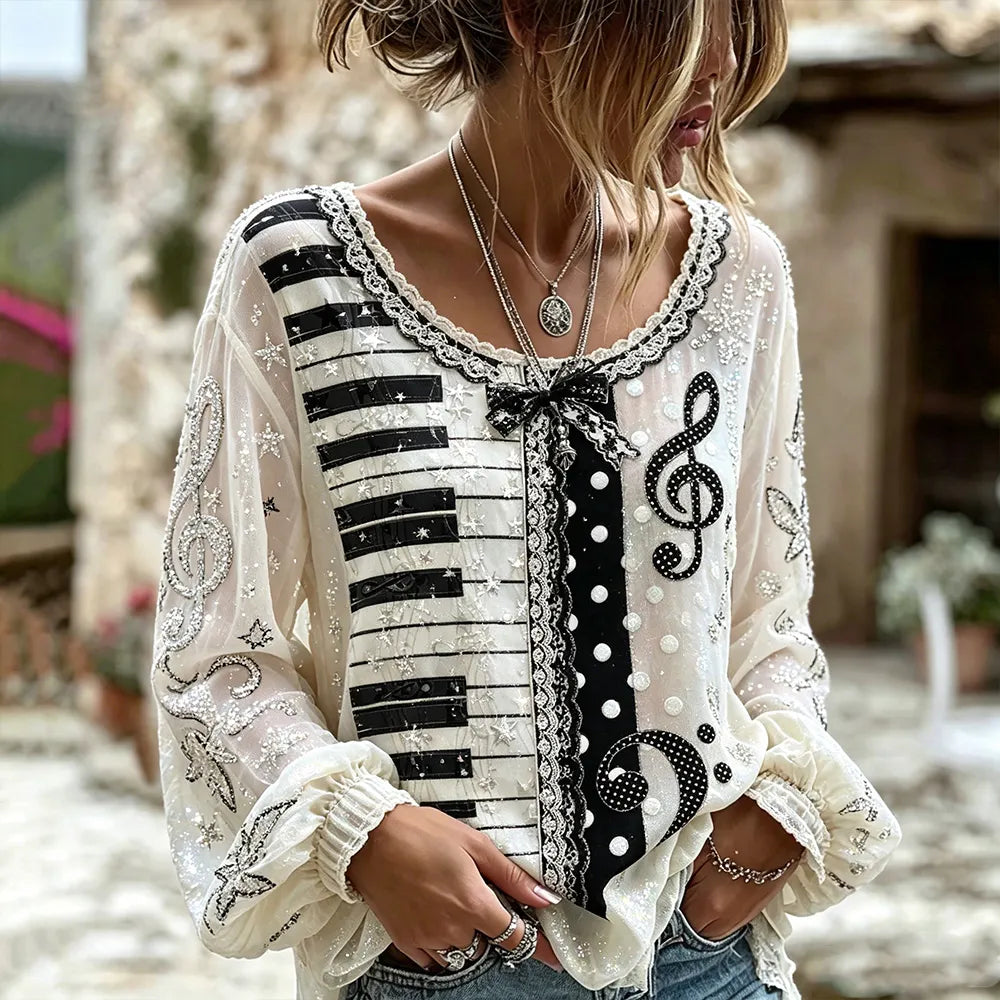 Cardydony Womens Music Note Piano Key Rhinestone Sequin Blouse, Vintage Lace Bow Scoop Neck Puff Long Sleeve Non-sheer Linen Boho Top