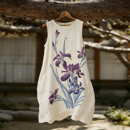 Cardydony Floral Pattern Embroidery Design Linen Women's Sleeveless Dress