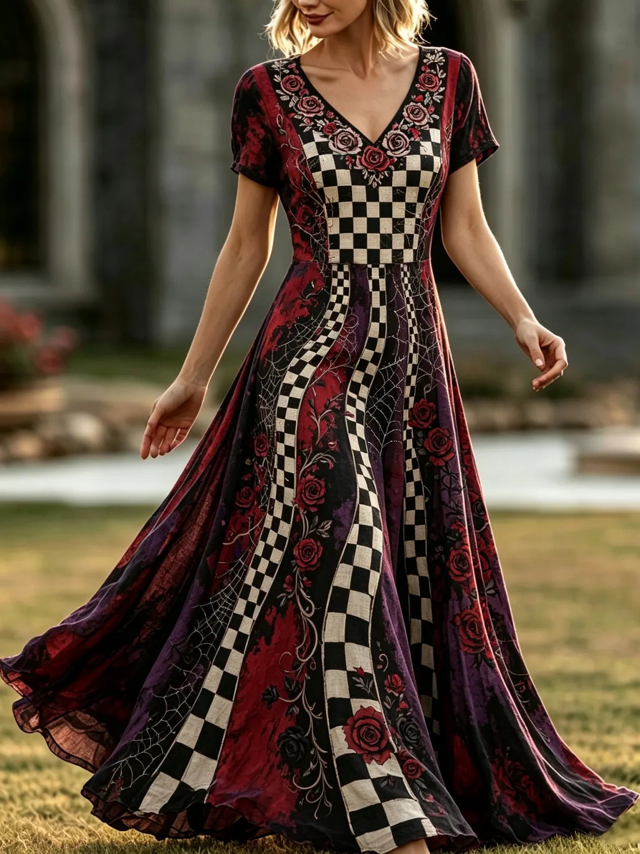Cardydony Women's Retro Halloween Plaid Floral Print V-neck Dress