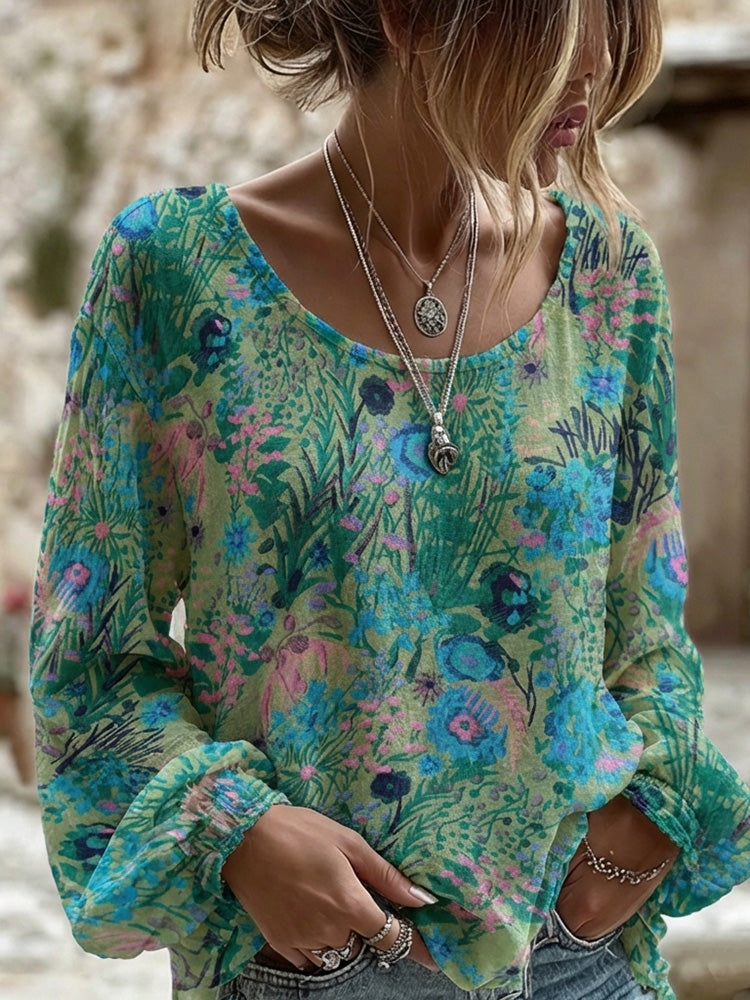 Cardydony Women's Bohemian Floral Print Long Sleeve Linen Blend T-shirt