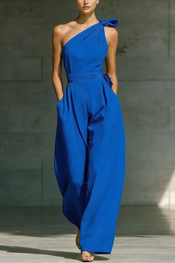 Cardydony Women's Solid Color Sleeveless One-shoulder Fitted Waist Casual Pocket Loose Wide-leg Jumpsuit