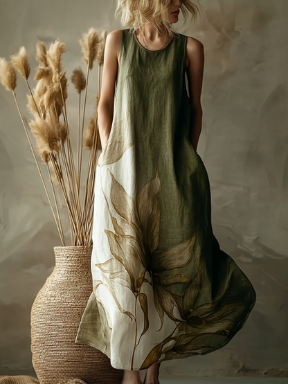 Cardydony Plant Pattern Design Casual Linen Dress