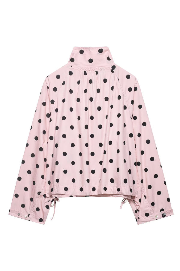 Cardydony Women's  Polka Dot Print Loose Stand Collar Button Bow Tie Casual Long-sleeved Jacket
