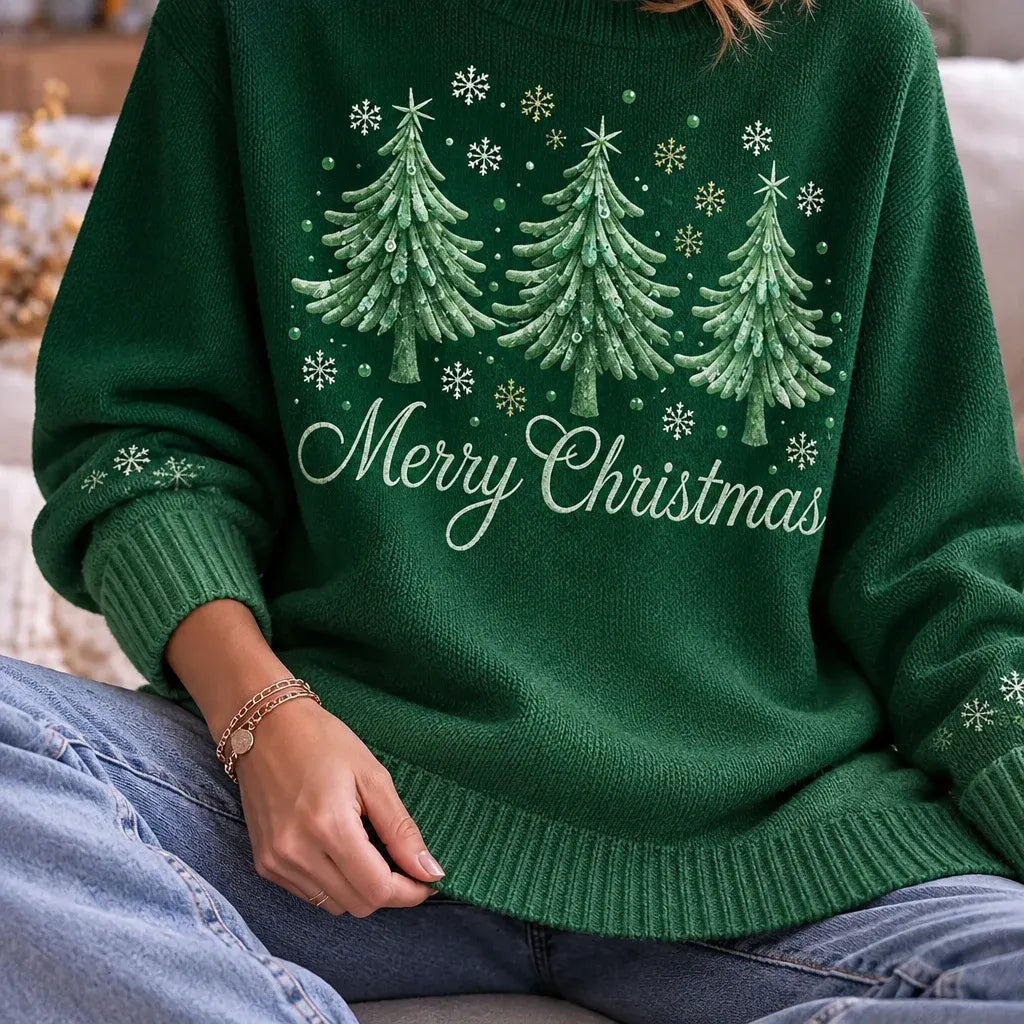 Cardydony Women's Christmas Tree Graphic Relaxed Fit Ombre Green Crewneck Pullover Sweater