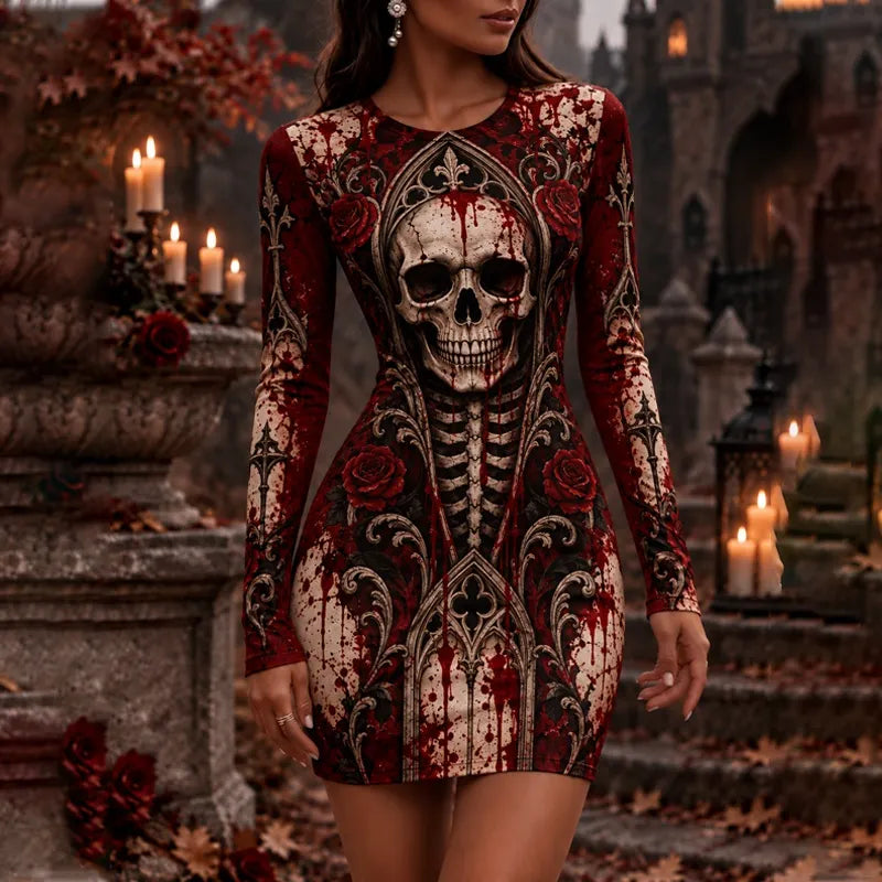 Cardydony Women's Halloween Skull Rose Blood Stain Castle Print Bodycon Long Sleeve Dress
