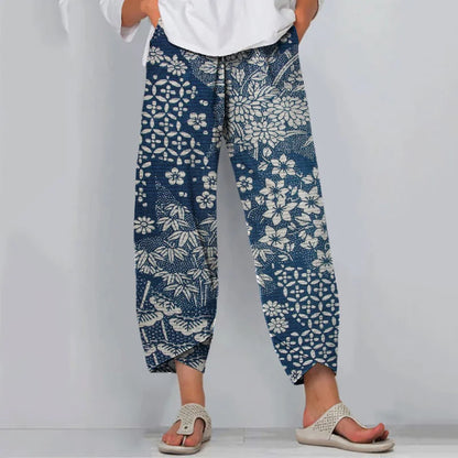 Cardydony Vintage Japanese Art Flower Print Casual Pants