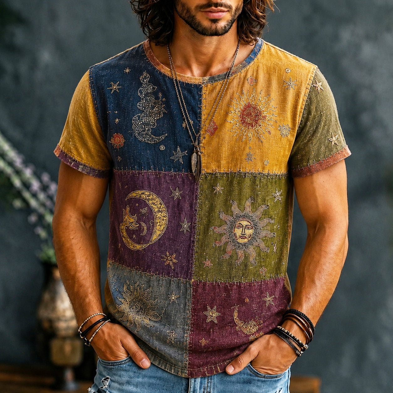 Cardydony Men's Mysterious Sun And Moon Boho Hippie Patchwork Print Casual T-shirt