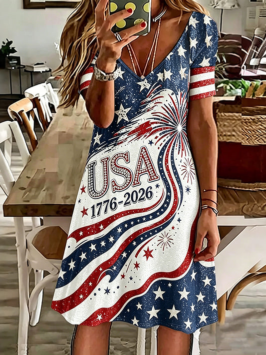 Cardydony Women's Vintage Independence Day Flag Short Sleeve Dress