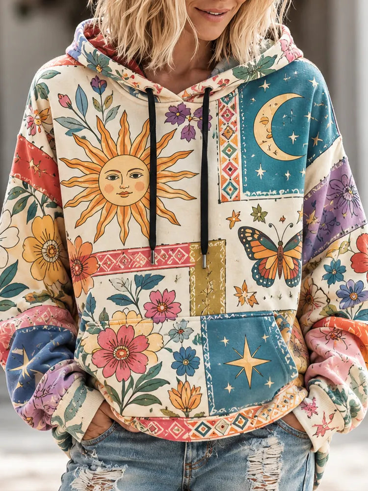 Cardydony Women's Bohemian Patchwork Sun, Moon, Butterfly & Floral Print Hoodie