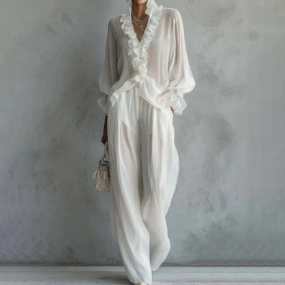 Cardydony Elegant Lace Long-sleeved Shirt And Wide-leg Pants Set