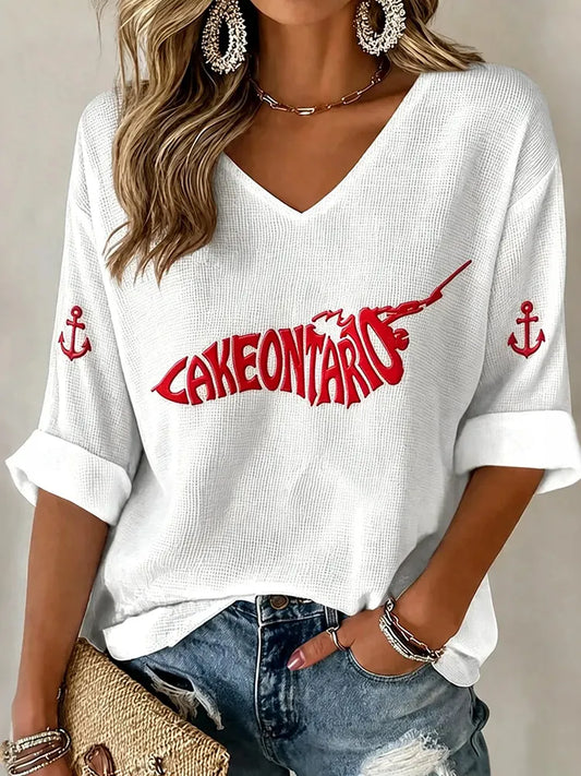 Cardydony Women's Retro Lake Ontario Art Print V Neck T-shirt