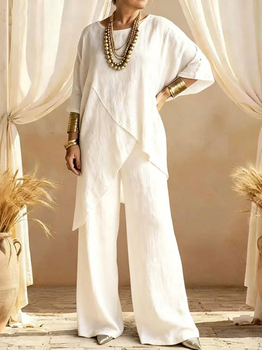 Cardydony Women's Comfy Linen Blend Flowy Double Layer Design Top And Pants Two-piece Set