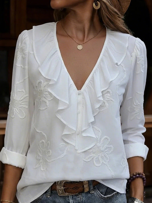 Cardydony Women's Vintage Floral Embroidery Ruffled V-neck Cotton And Linen Top