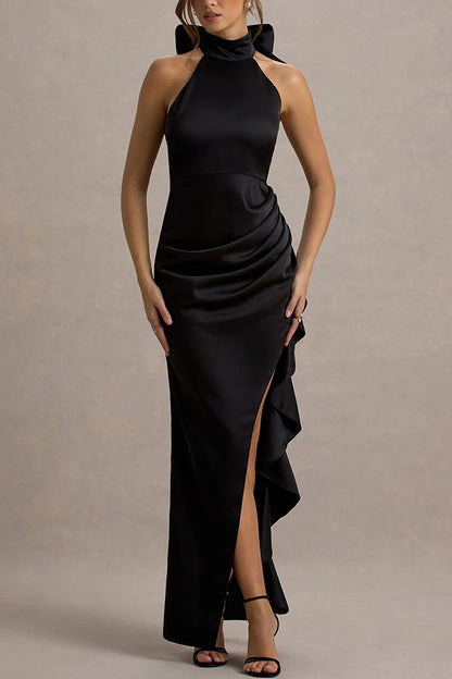 Cardydony Women's Maureen Satin High Neck Ruched Ruffle Slit Draped Maxi Dress