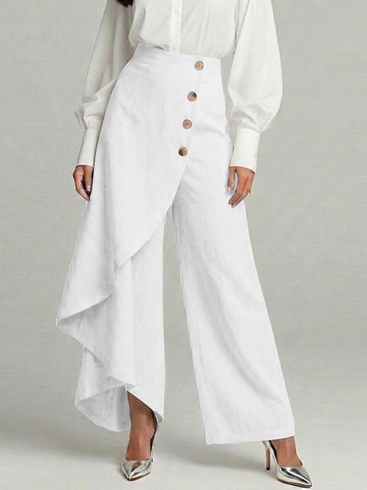 Cardydony Women's Casual Retro Irregular Ruffles Button Cotton And Linen Pants