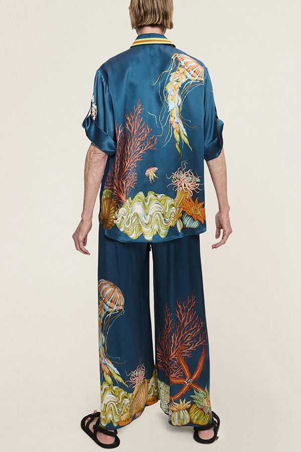 Cardydony Women's Linen Blend Unique Print Lapel Short Sleeve Shirt and Elastic Waist Loose Pocket Wide Leg Pants Set