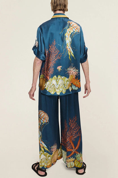 Cardydony Women's Linen Blend Unique Print Lapel Short Sleeve Shirt and Elastic Waist Loose Pocket Wide Leg Pants Set