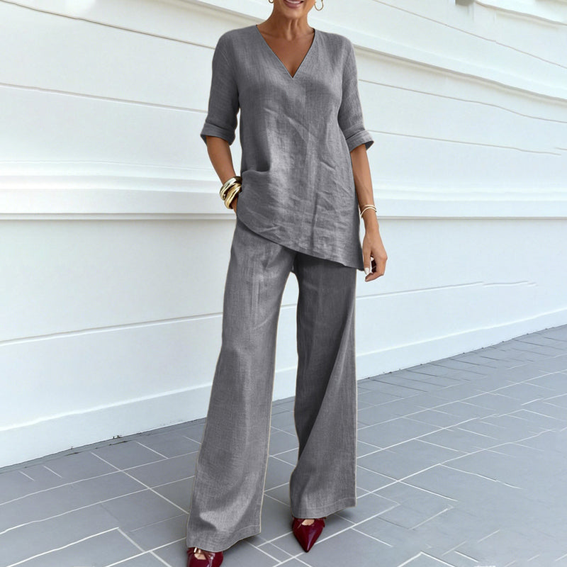 Cardydony Women's Solid Color V-neck Linen Blend Two Piece Set