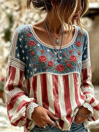 Cardydony Women's Retro Independence Day Anniversary Flag Print Art T-shirt