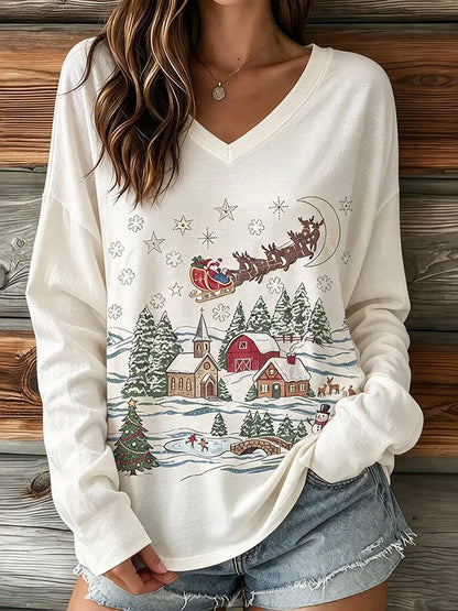 Cardydony Women's Vintage Christmas Train And Animal Sleigh Casual T-shirt