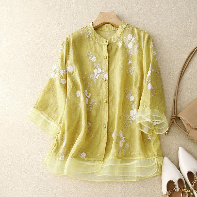 Cardydony Women's Floral Embroidered Art Linen Blend Blouse