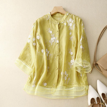 Cardydony Women's Floral Embroidered Art Linen Blend Blouse