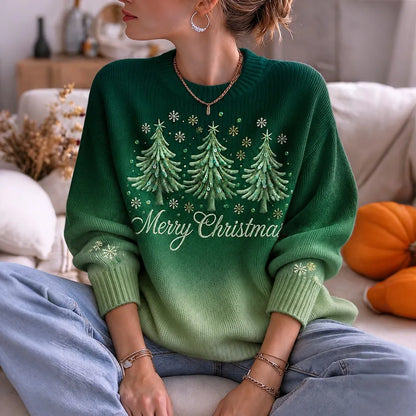 Cardydony Women's Christmas Tree Graphic Relaxed Fit Ombre Green Crewneck Pullover Sweater