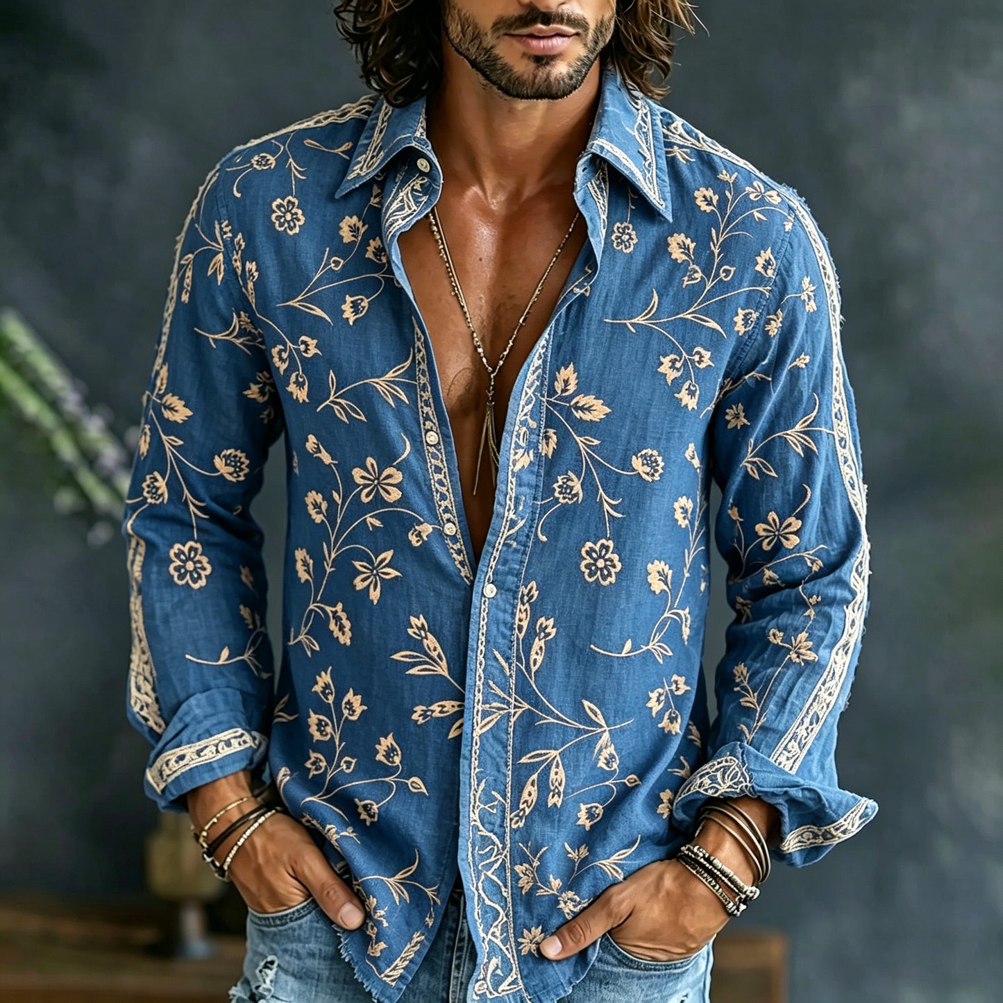Cardydony Men's Vintage Spring Floral Embroidered Art Print Flowy Linen Blend Casual Shirt