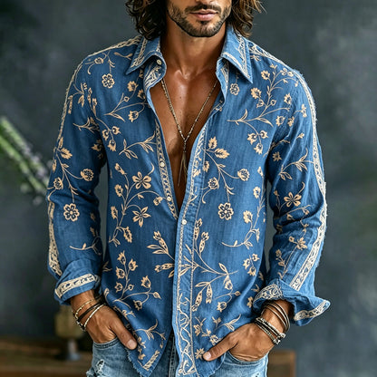 Cardydony Men's Vintage Spring Floral Embroidered Art Print Flowy Linen Blend Casual Shirt