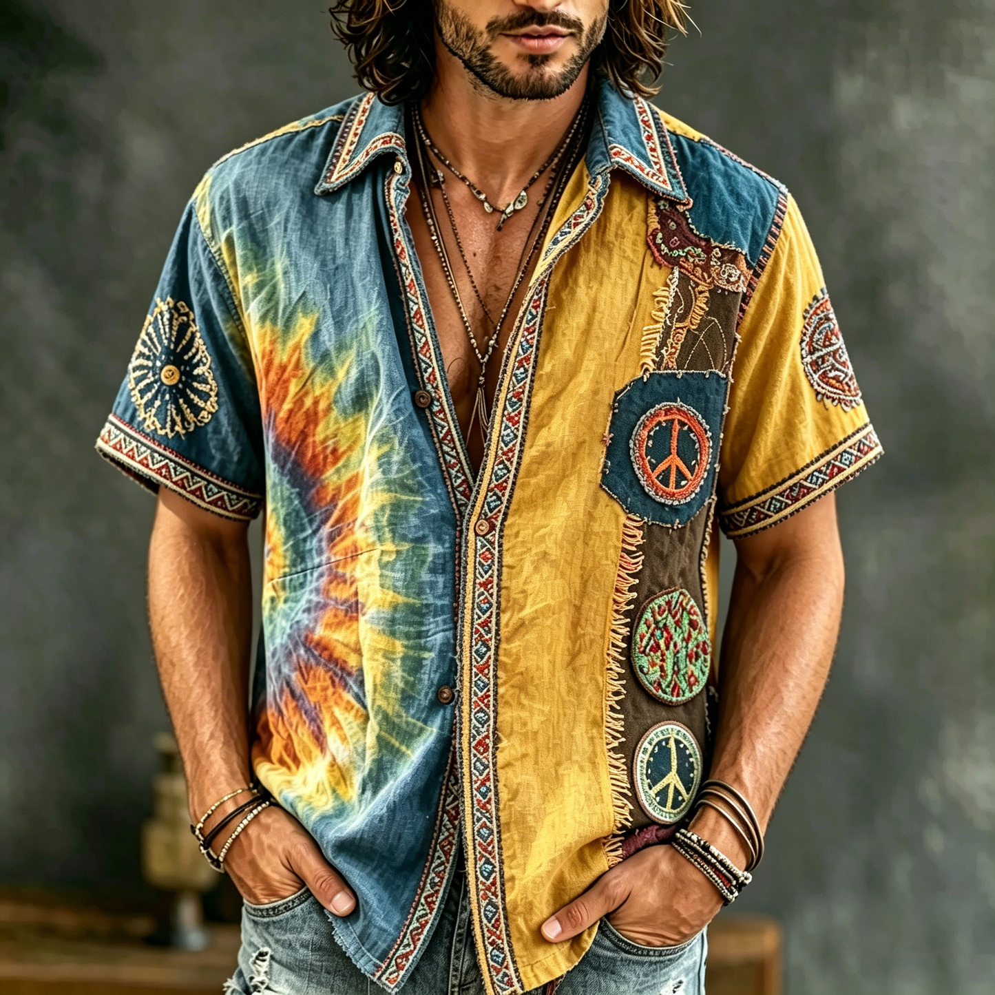 Cardydony Men's Causal Spring Tie-dye Hippie Peace Patchwork Art Print Flowy Linen Blend Shirt