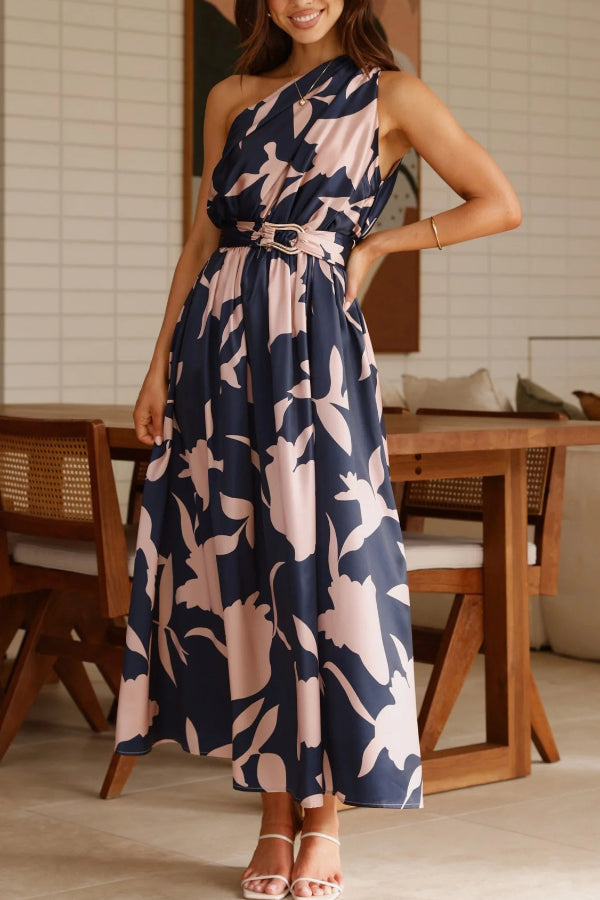 Cardydony Women's Unique Printed One-Shoulder Belt Casual Holiday Maxi Dress