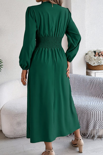 Cardydony Women's Solid Color V-neck Long-sleeved Fitted Waist Slit Elegant Midi Dress