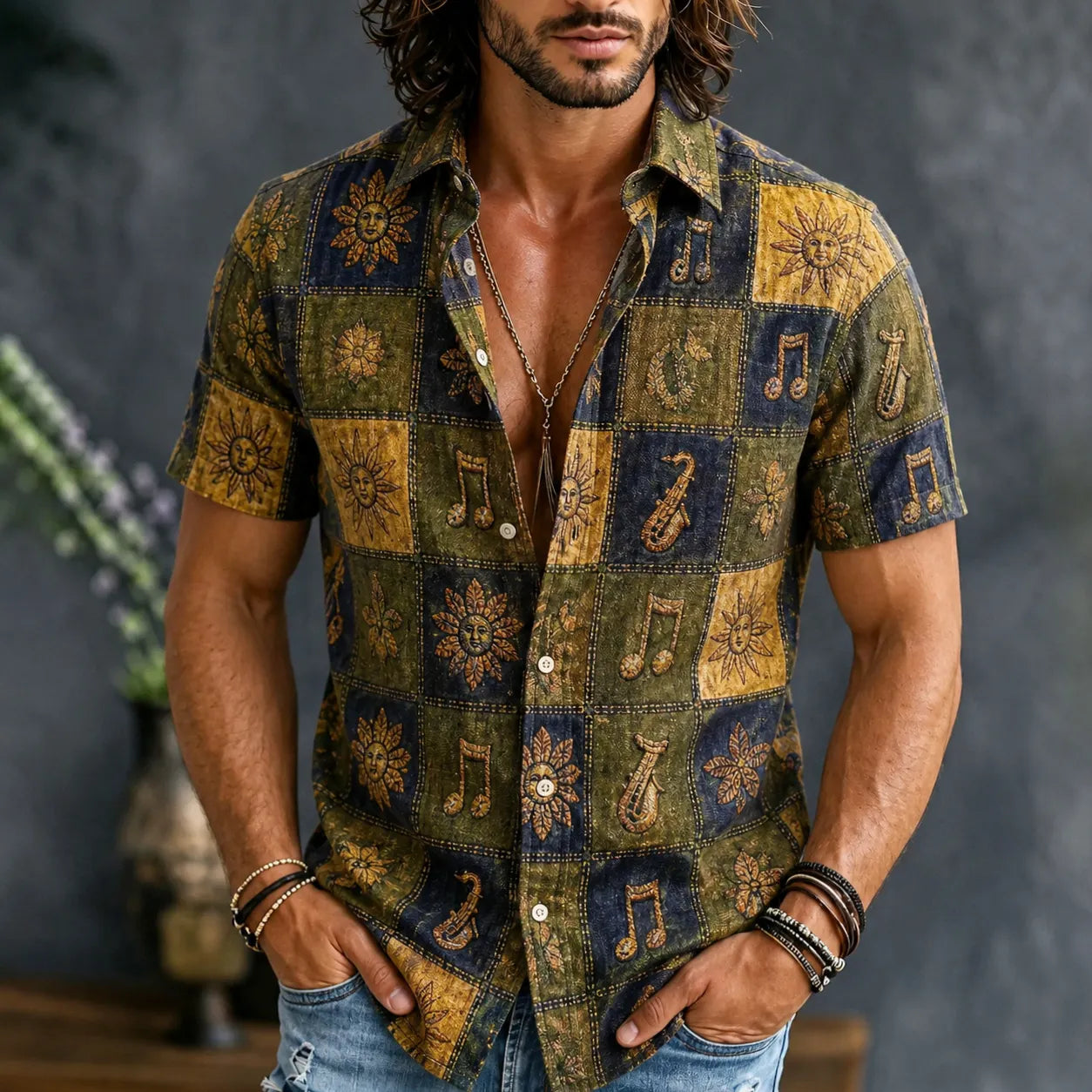 Cardydony Men's Vintage Hippie Patchwork Music Note And Sun Art Print Casual Shirt