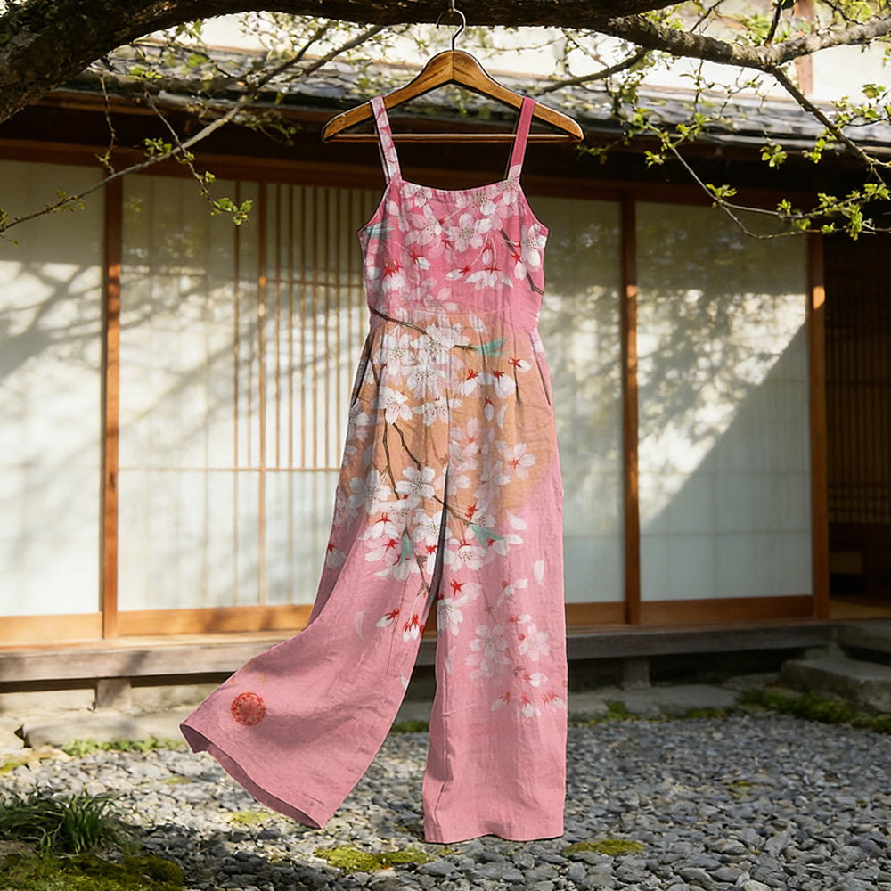 Cardydony Japanese Cherry Blossom Art Cozy Linen Jumpsuit