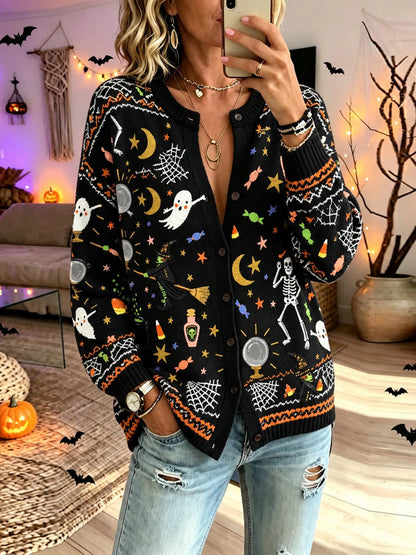 Cardydony Women's Halloween Witch Ghost Knitted Jacquard Cardigan